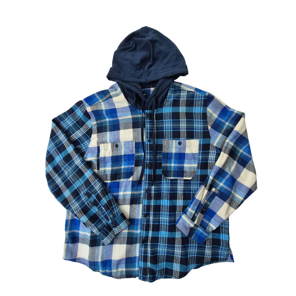 Original Use Mens XXL Blue Patchwork Plaid Hooded Flannel Shirt Button Down